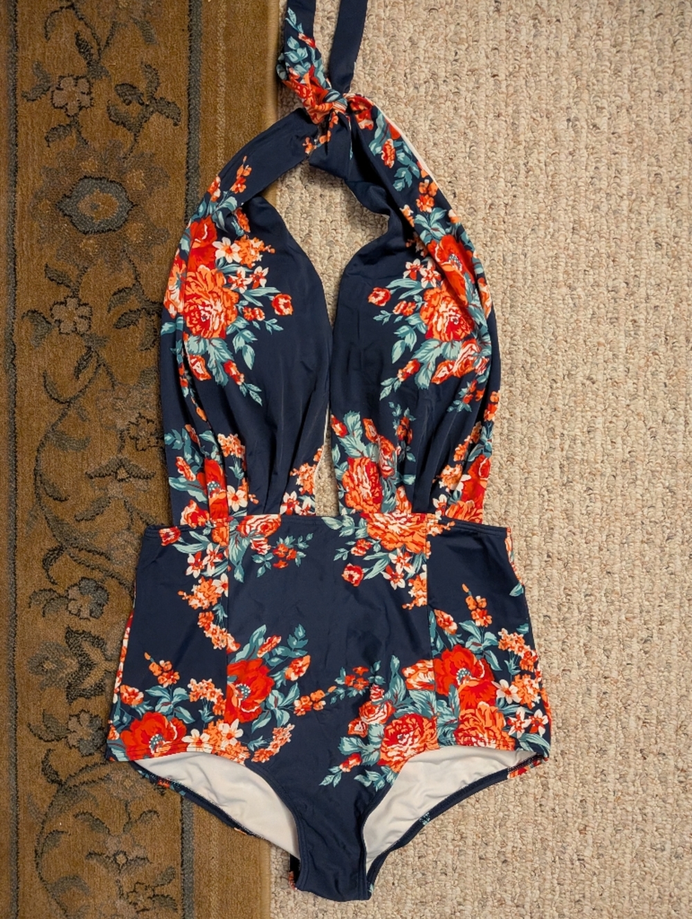 Women's Backless Halter Top One Piece Swimsuit, Navy Floral, Size XL
